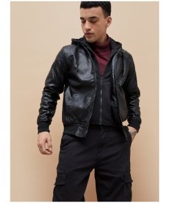 Hooded Textured Biker Jacket for Men Classic Moto Design