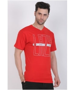 Casual Red V-Neck Printed T-shirt in Soft Cotton Jersey for Men