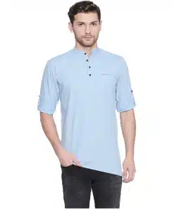 Casual Light Blue Cotton Short Cross Kurta Shirt for Men