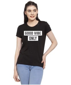 Women's Cotton Blend Good Vibe Only Printed T-Shirt (Black)