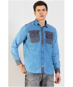 Blue and Black Regular Fit Men's Cotton Casual Shirt