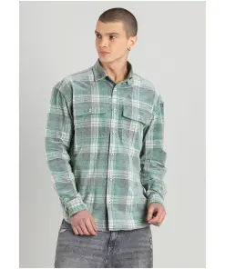 Light Green Regular Fit Corduroy Men's Check Shirt