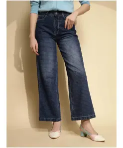 Dark Blue Solid Polycotton High Rise Wide Leg Jeans
