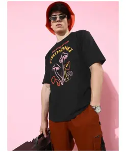 Black Loose Fit Graphic Print Oversized Cotton Crew T-Shirt