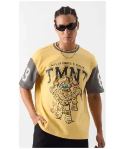 TMNT: Never Cross A Ninja Yellow & Brown Loose Fit Oversized Crew T-Shirt