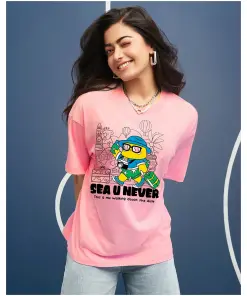 Women's Pink Sea u Never Graphic Printed Oversized T-shirt